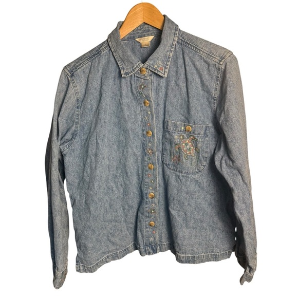 Vtg Christopher & Banks Womens Denim Shirt Turtle Embroidered Nautical Nature L - Picture 2 of 13